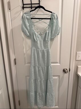 Forever 21 Light Blue Puff-Sleeve Maxi Dress with Crisscross Back Straps